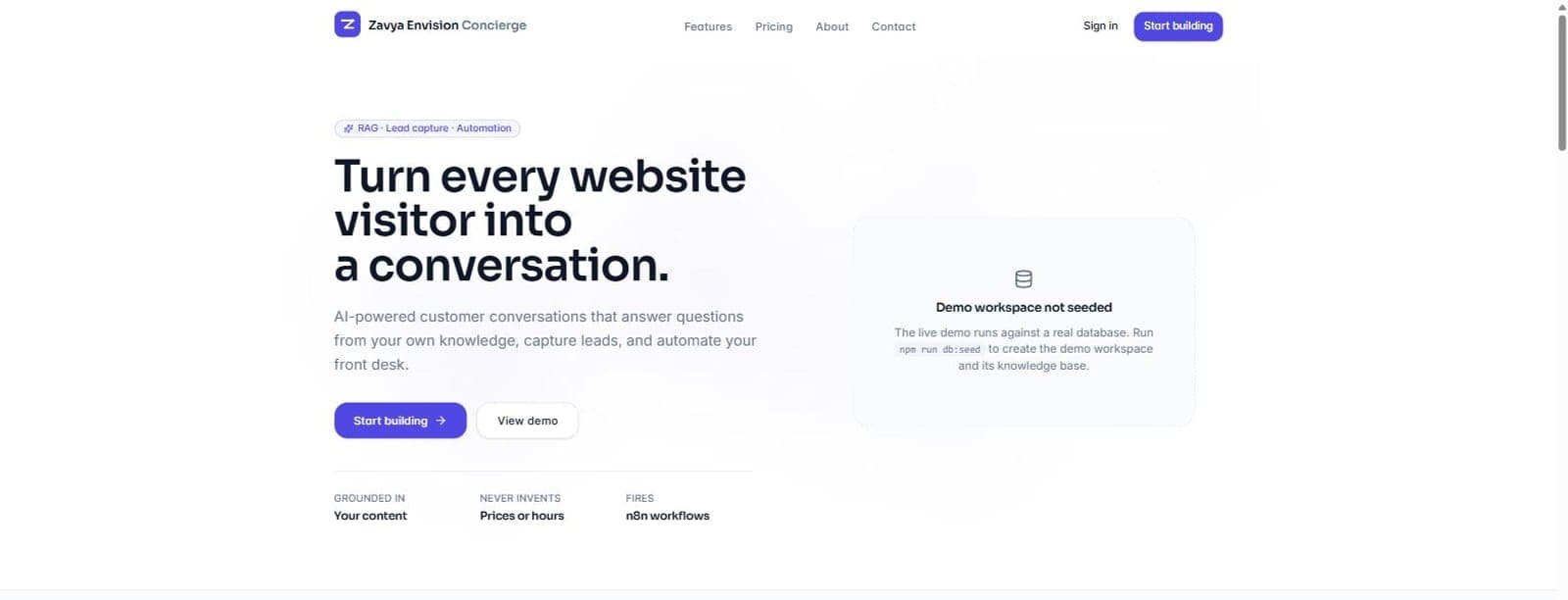 The Zavya AI Concierge home page, introducing the AI-powered customer conversation platform
