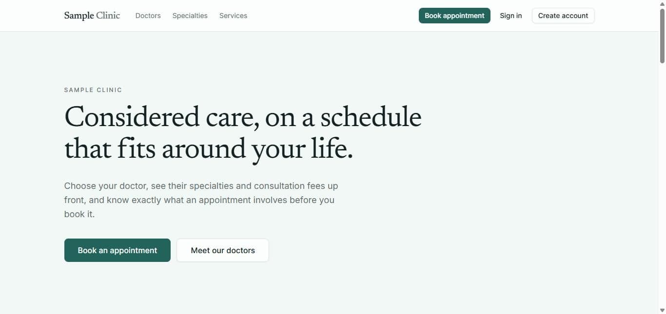 The Sample Clinic home page, showing the appointment booking experience