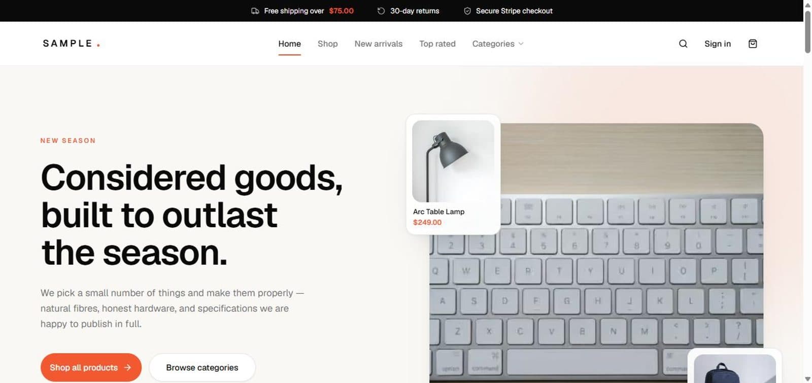 The Sample Commerce home page, showing the storefront experience